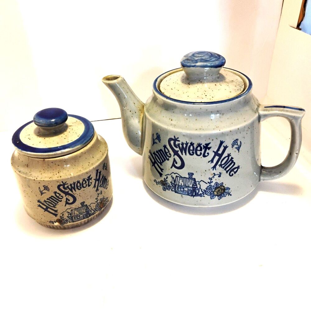 Vtg Home Sweet Home Teapot Sugar Bowl Set Stoneware Blue White Made in Japan